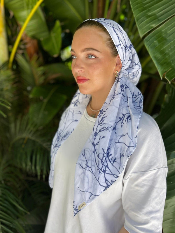 CLASSIC PRETIED Midnight Blue Branches Head Scarf (WITH VELVET GRIP)