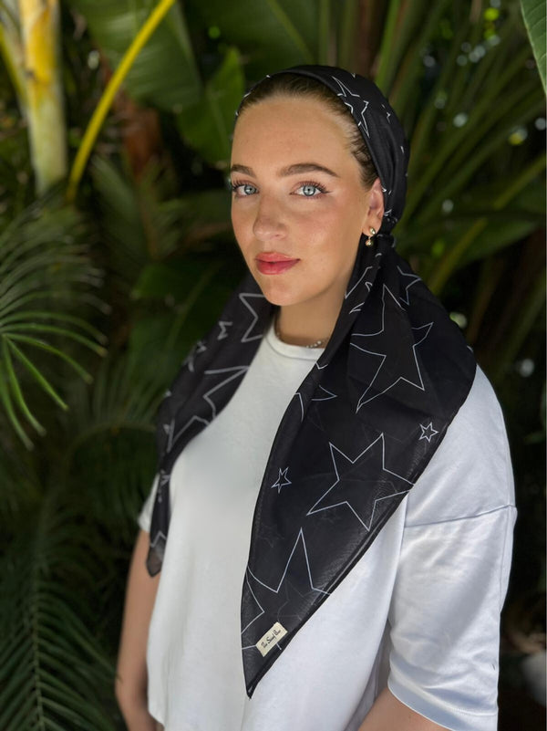 CLASSIC PRETIED White on Black Stars Head Scarf (WITH VELVET GRIP)