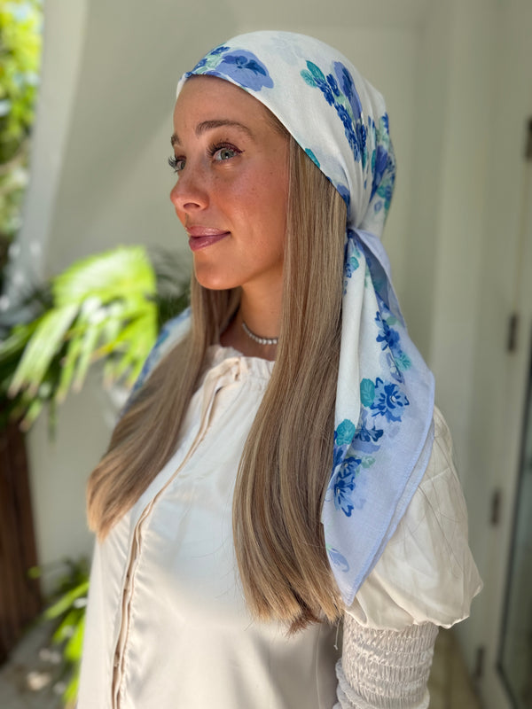 White Blue Floral Collection Square Head Scarf