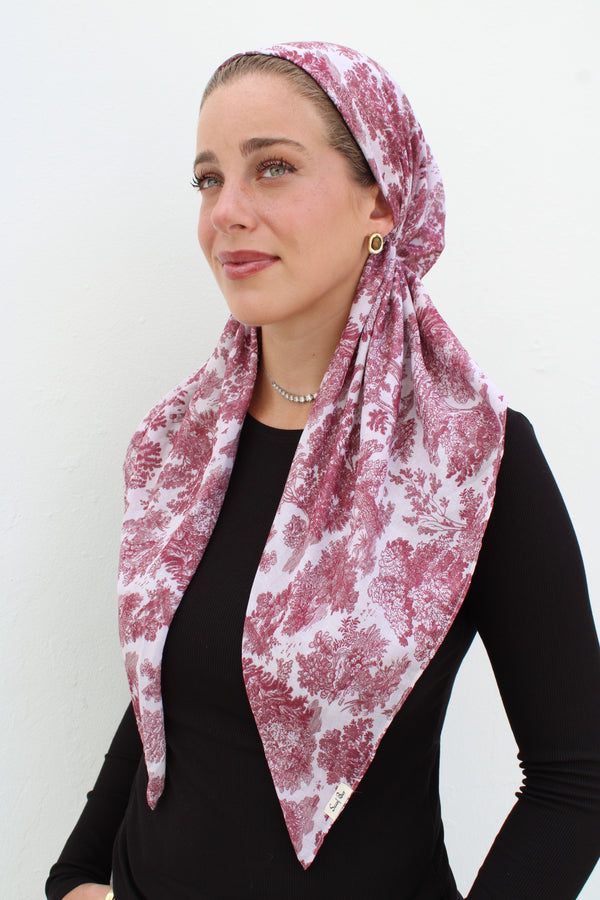 CLASSIC PRETIED Burgundy Toile Head Scarf (WITH VELVET GRIP)