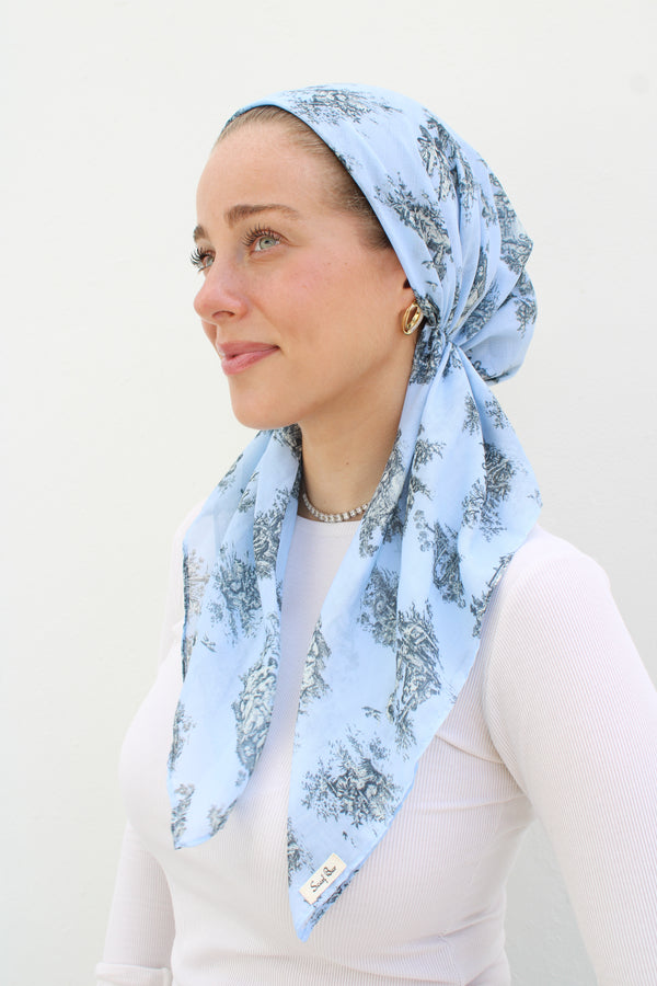 SHORT CLASSIC PRETIED Blue Chateau Toile Head Scarf (WITH VELVET GRIP)