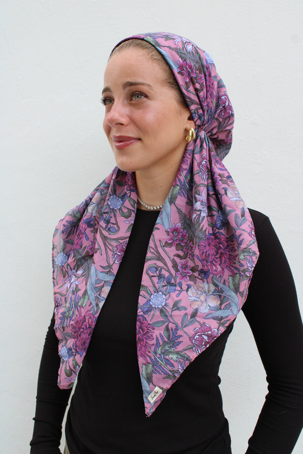 CLASSIC PRETIED Deep Plum Florals Head Scarf (WITH VELVET GRIP)