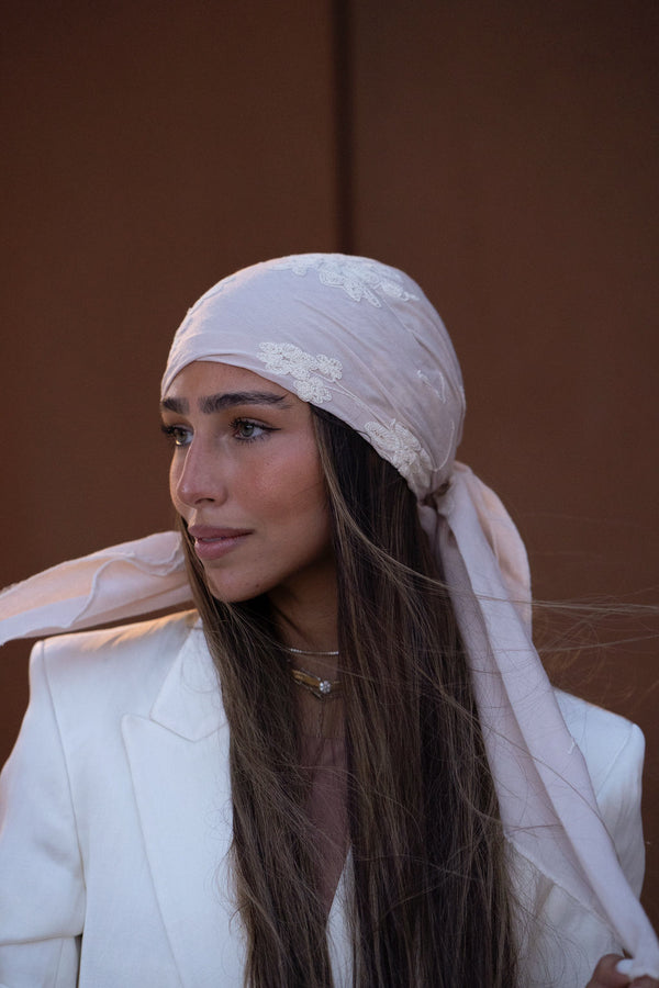 Cream Floral Embroidery Square Head Scarf