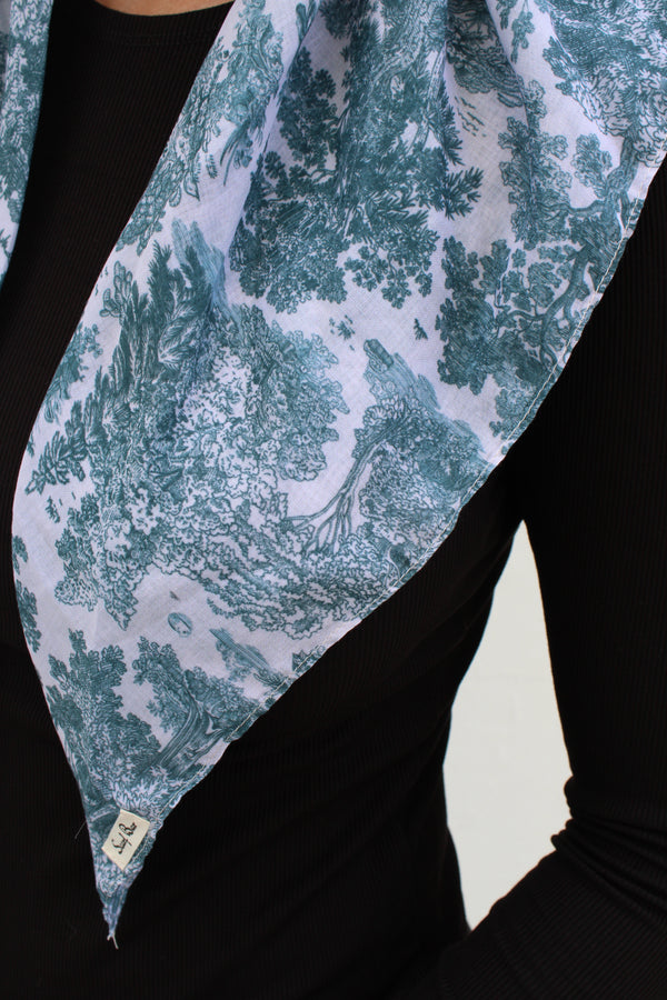 CLASSIC PRETIED Forest Green Toile Head Scarf (WITH VELVET GRIP)