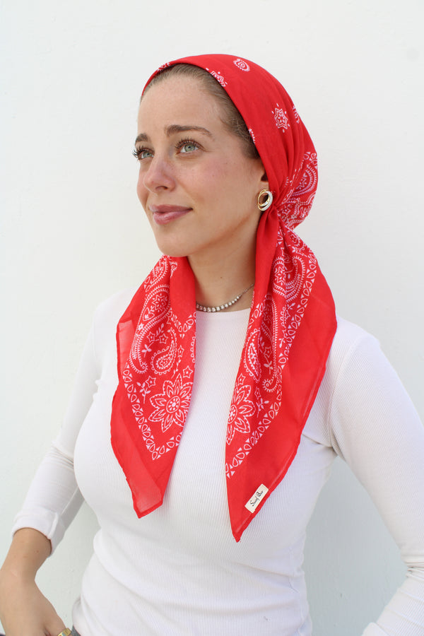 SHORT CLASSIC PRETIED Paisley Red Head Scarf (WITH VELVET GRIP)