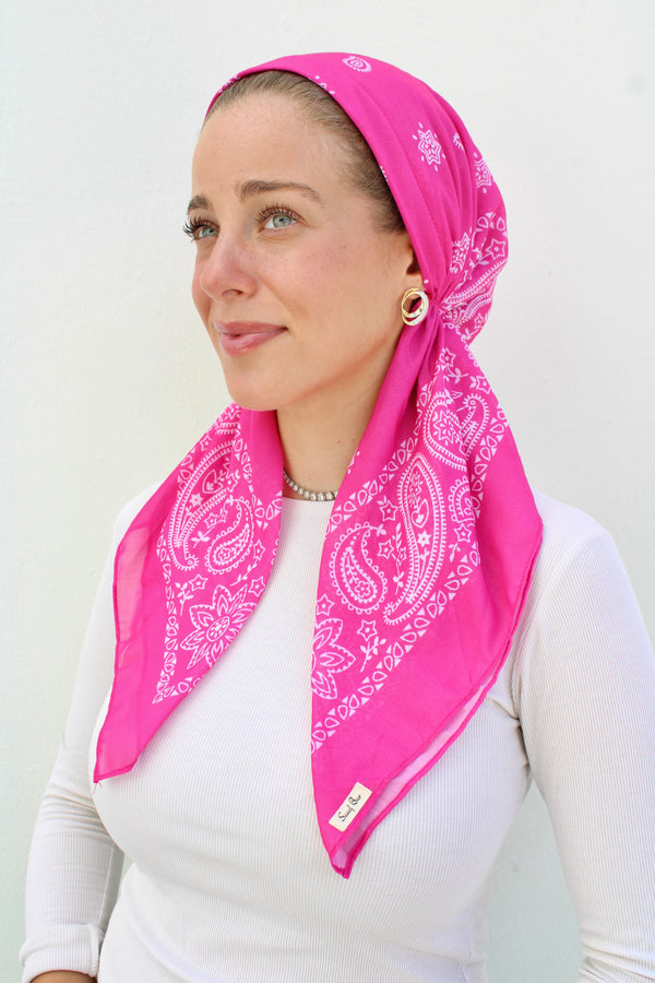 SHORT CLASSIC PRETIED Paisley Barbie Pink Head Scarf (WITH VELVET GRIP)