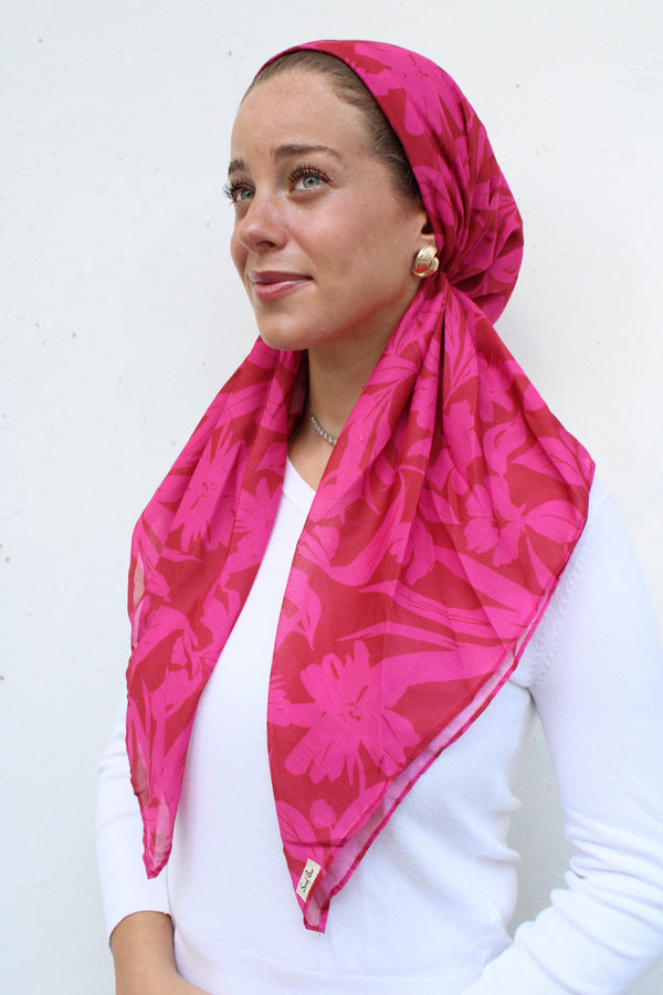 CLASSIC PRETIED Hot Pink Hibiscus Head Scarf (WITH VELVET GRIP)