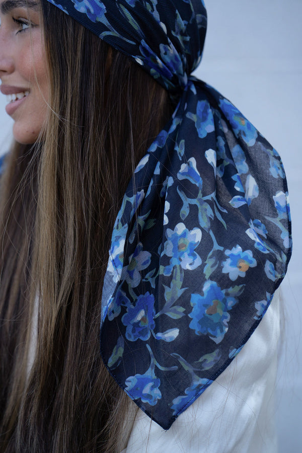 Royal Blue Florals Square Head Scarf