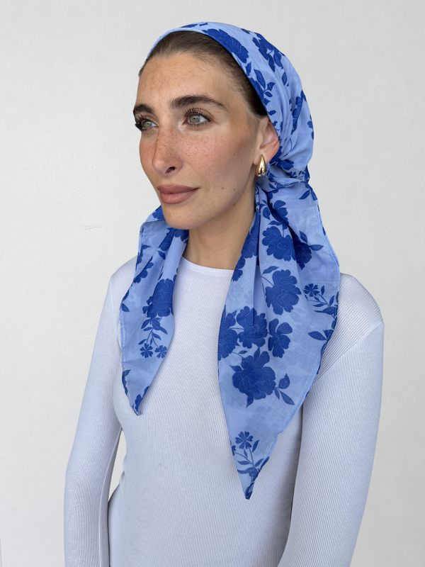 SHORT CLASSIC PRETIED Azure Bloom Head Scarf (WITH VELVET GRIP)