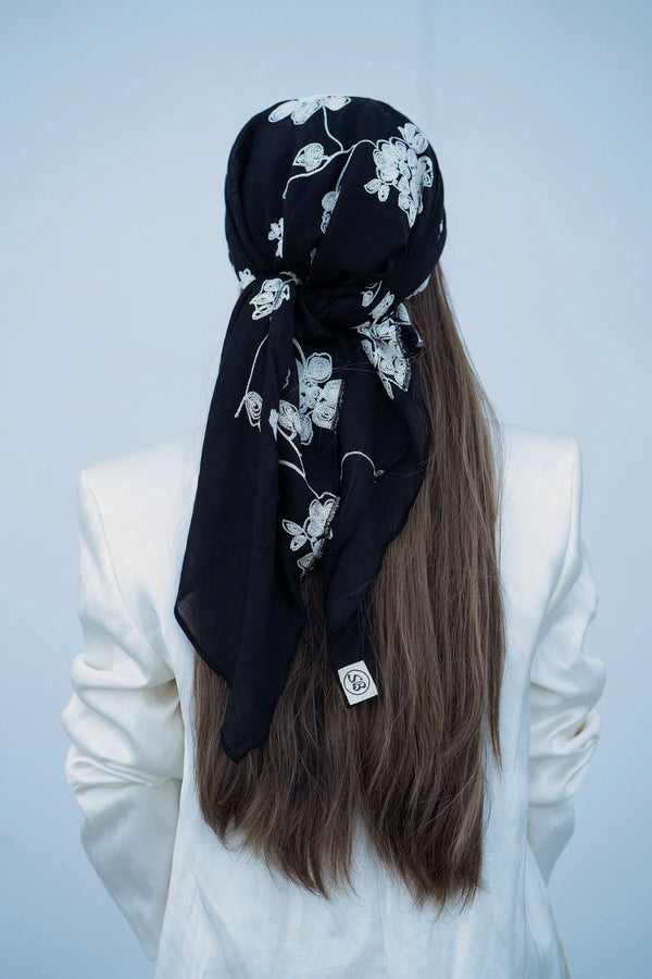 Black Floral Embroidery Square Head Scarf
