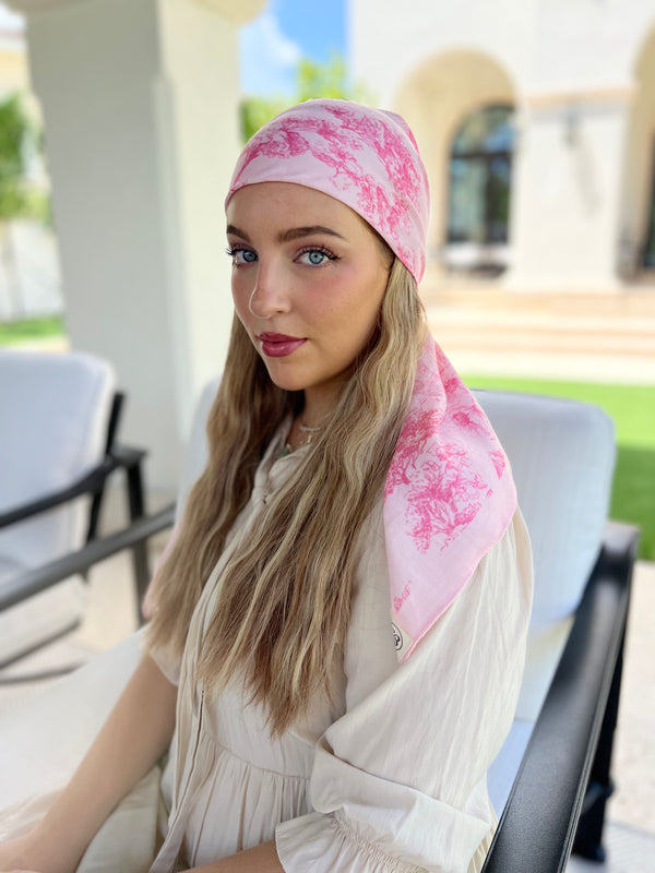 Pink Floral Toile Square Head Scarf