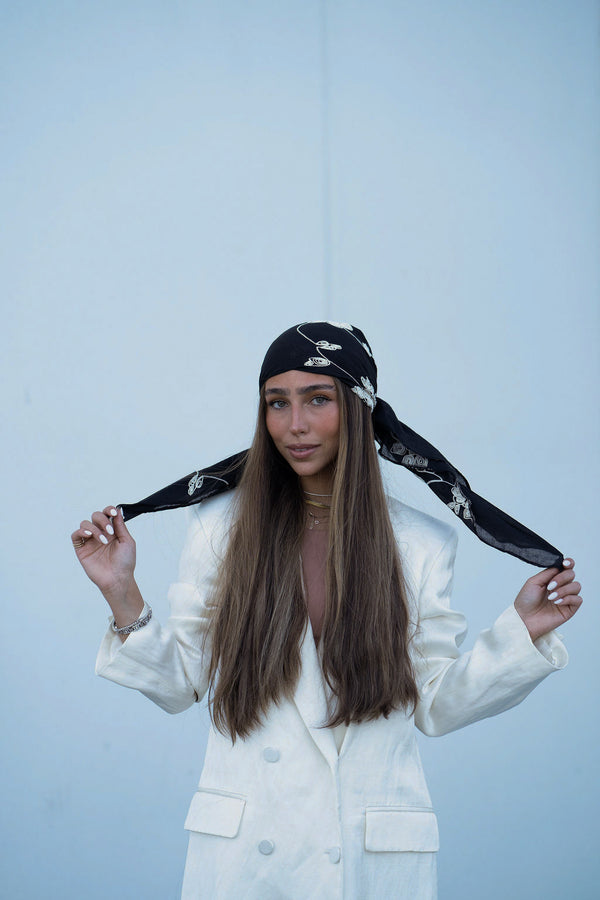Black Floral Embroidery Square Head Scarf