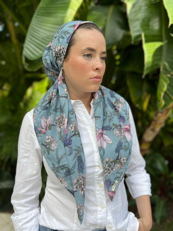 CLASSIC PRETIED Aqua Fall Floral Head Scarf (WITH VELVET GRIP)