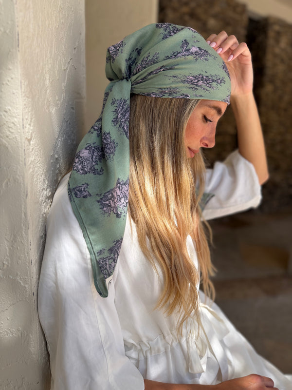 Olive Chateau Toile Square Head Scarf