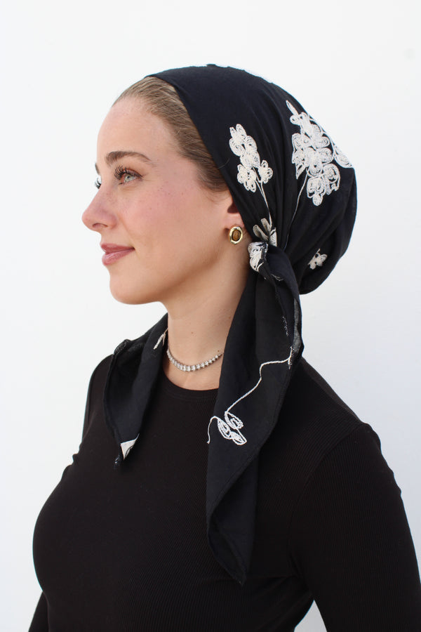 Black Floral Embroidery Square Head Scarf