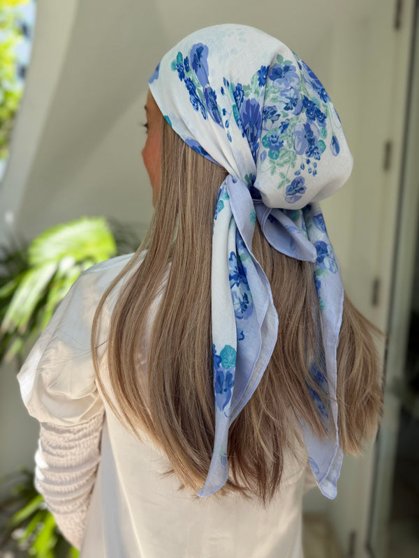 White Blue Floral Collection Square Head Scarf