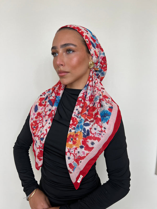 CLASSIC PRETIED Red Riviera Bloom Head Scarf (WITH VELVET GRIP)