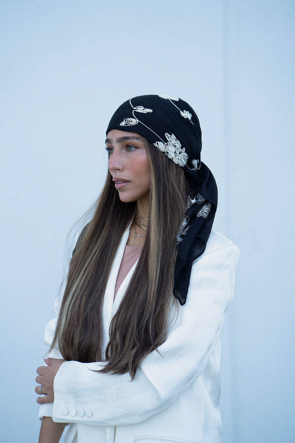 Black Floral Embroidery Square Head Scarf