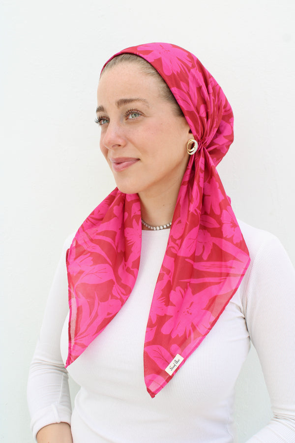 SHORT CLASSIC PRETIED Hot Pink Hibiscus Head Scarf (WITH VELVET GRIP)