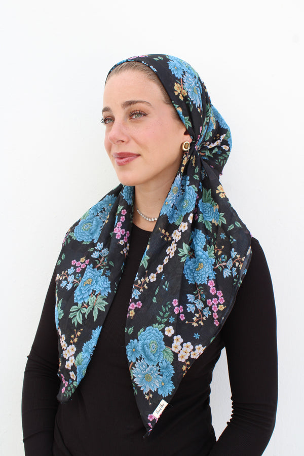 CLASSIC PRETIED Sapphire Florals Head Scarf (WITH VELVET GRIP)