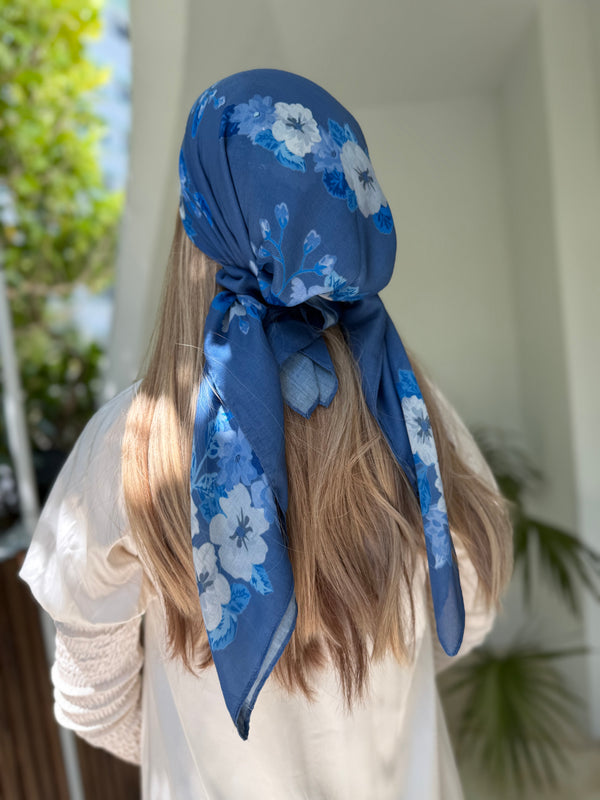 Slate Blue Floral Collection Square Head Scarf