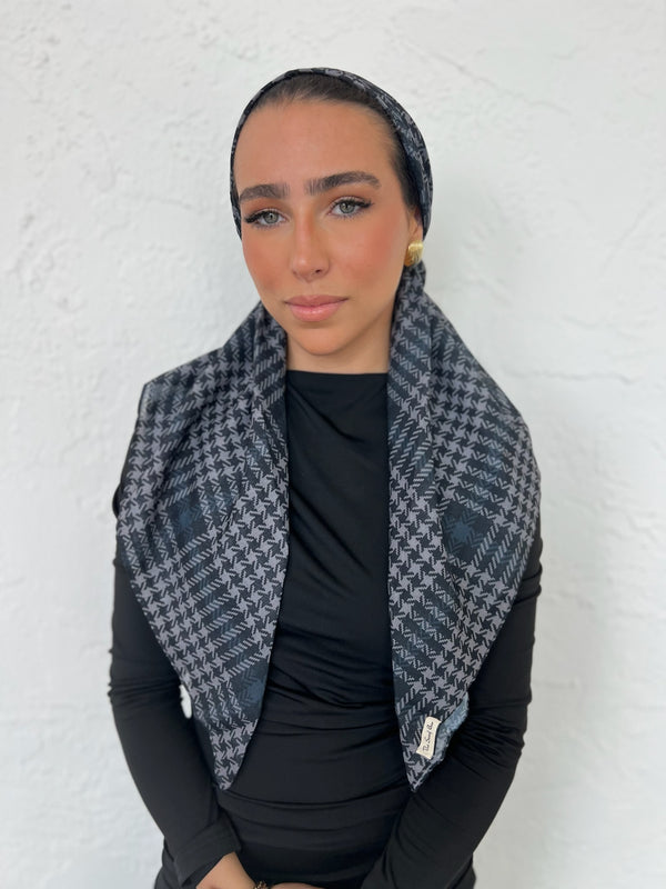 CLASSIC PRETIED Charcoal Plaid Head Scarf (WITH VELVET GRIP)