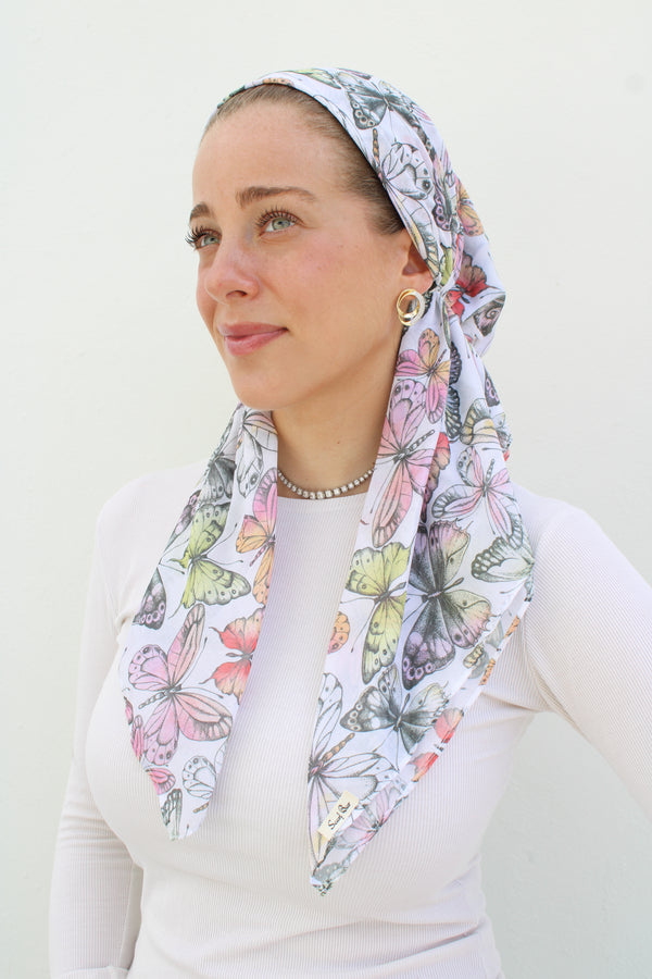 SHORT CLASSIC PRETIED Pastel Butterfly Head Scarf (WITH VELVET GRIP)