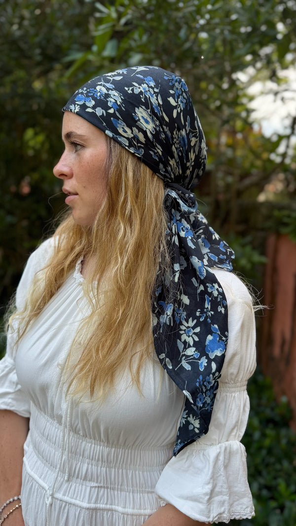 Navy Blossom Square Head Scarf
