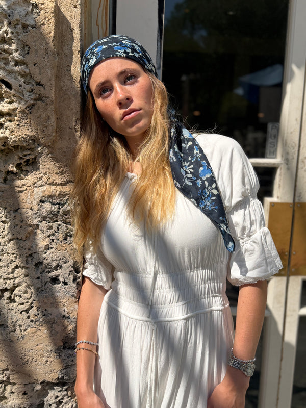 Navy Blossom Square Head Scarf