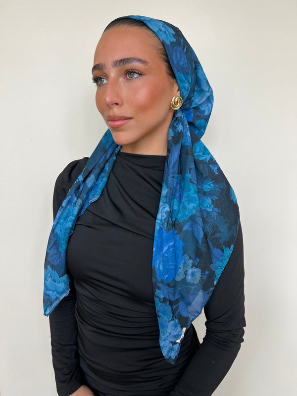 CLASSIC PRETIED Royal Sapphire Rose Head Scarf (WITH VELVET GRIP)