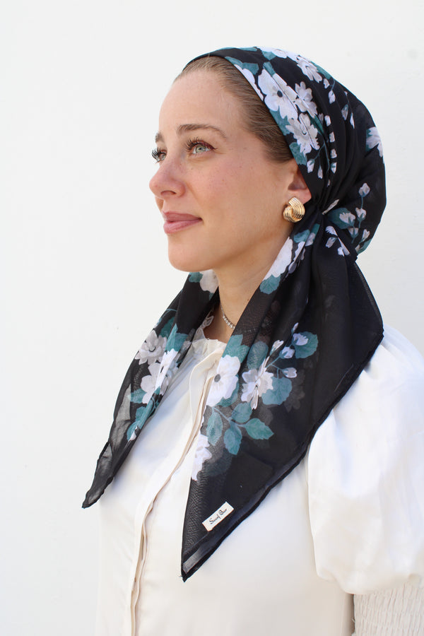 SHORT PRETIED Black Cream Floral Head Scarf (WITH VELVET GRIP)
