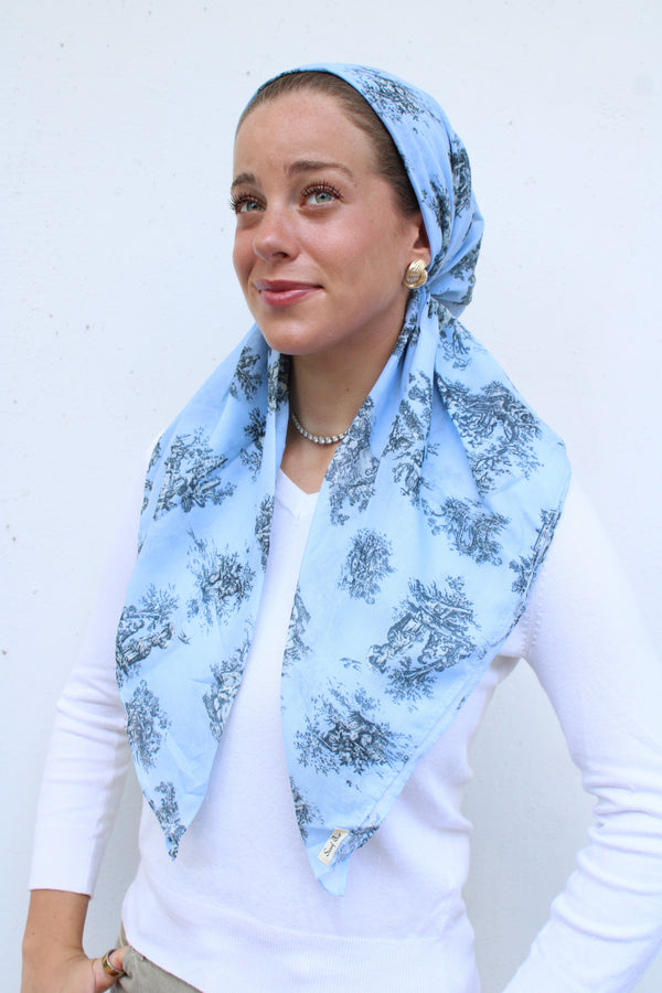 CLASSIC PRETIED Blue Chateau Toile Head Scarf (WITH VELVET GRIP)