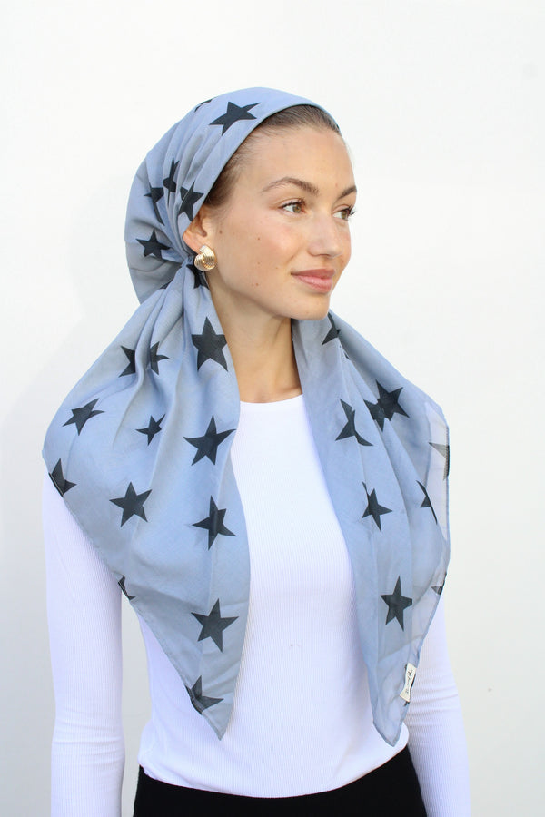 CLASSIC PRETIED Grey Stars Head Scarf (WITH VELVET GRIP)