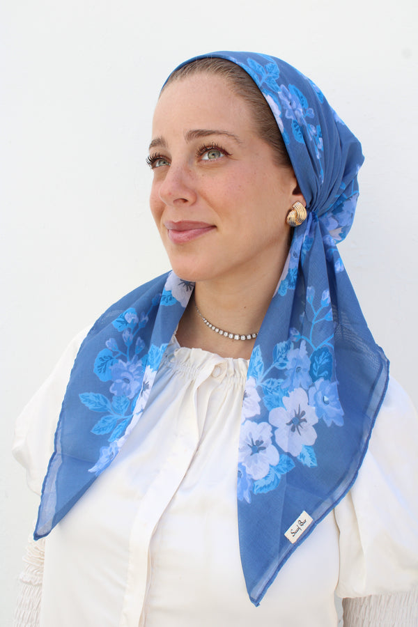 SHORT PRETIED Slate Blue Floral Head Scarf (WITH VELVET GRIP)