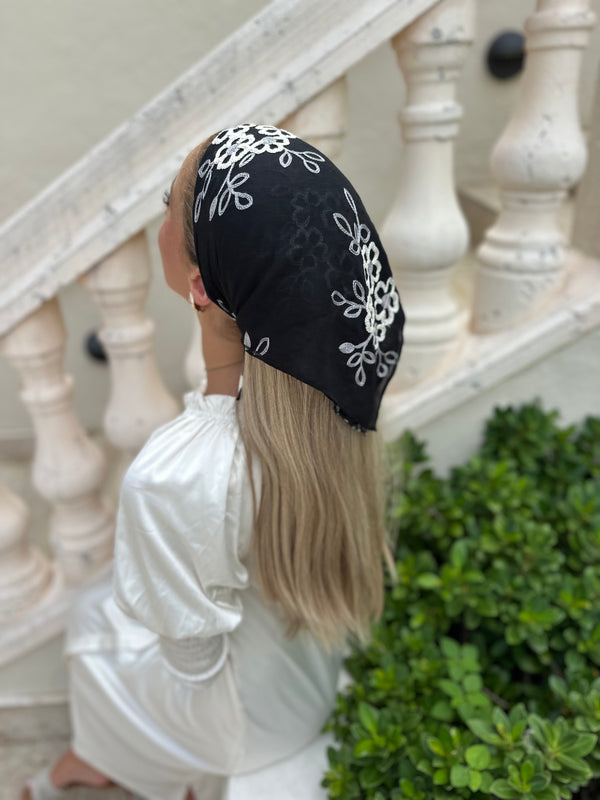 Two Tone Black Embroiderey Floral Cotton Viscose Bandanas