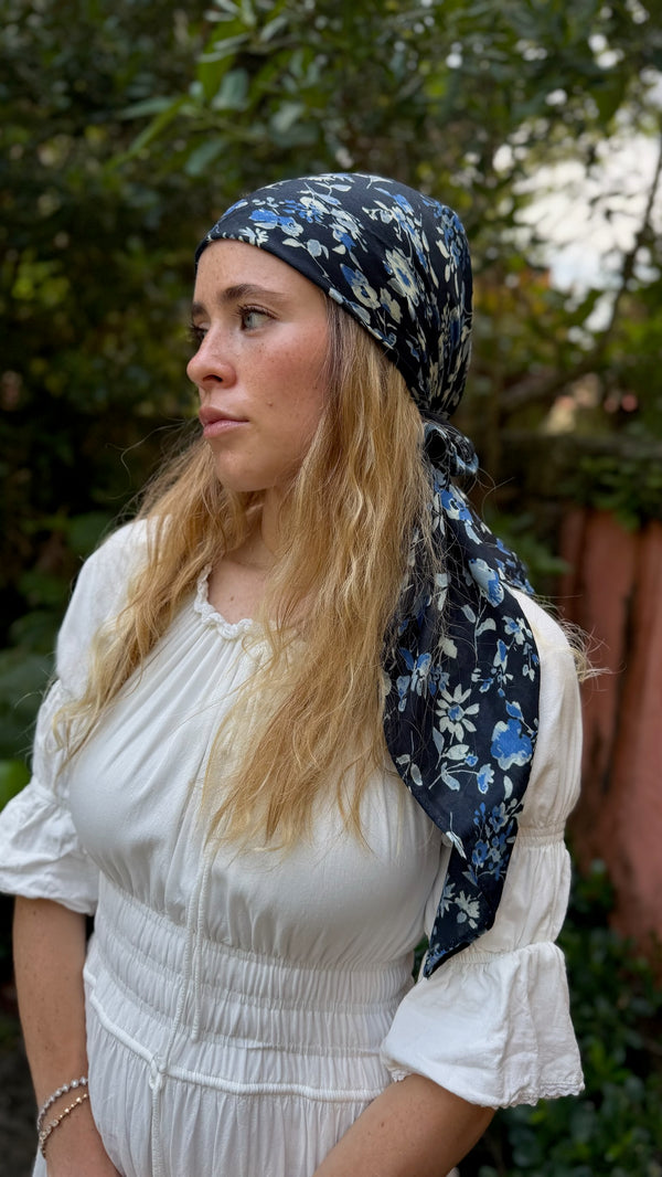 Navy Blossom Square Head Scarf