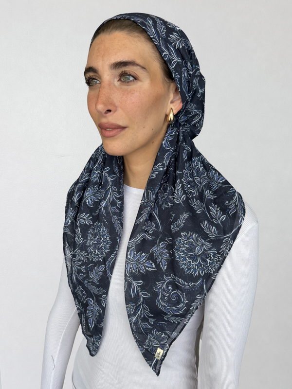 CLASSIC PRETIED Navy Motif Head Scarf (WITH VELVET GRIP)