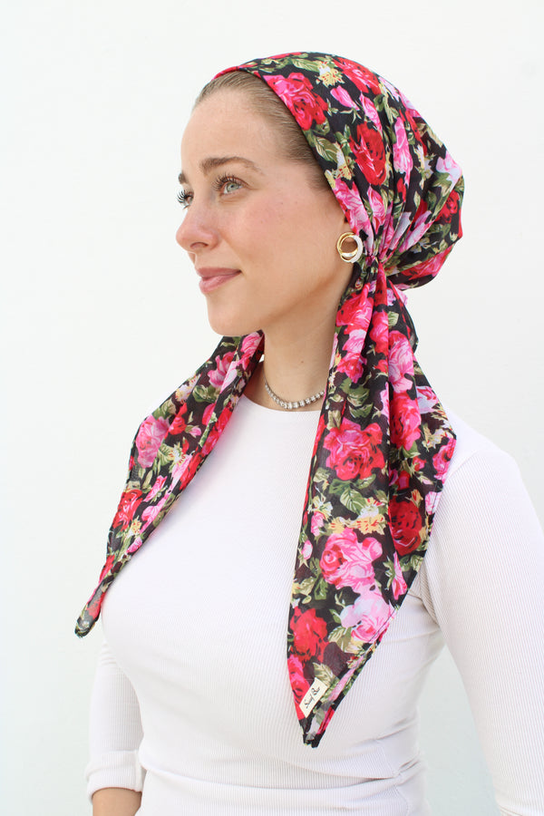SHORT CLASSIC PRETIED Red Rose Bouquet Head Scarf (WITH VELVET GRIP)