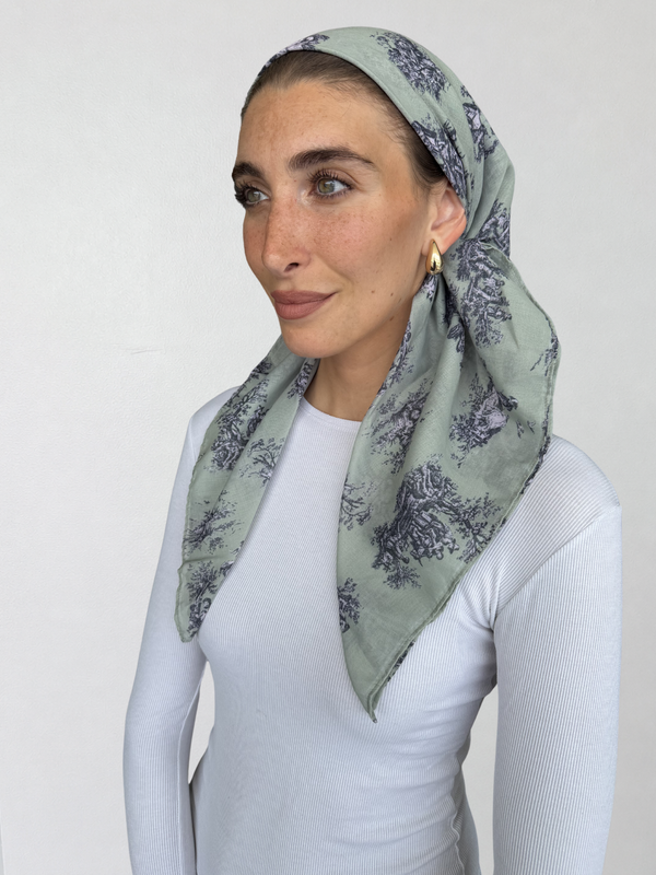 SHORT CLASSIC PRETIED Olive Chateau Toile Head Scarf (WITH VELVET GRIP)