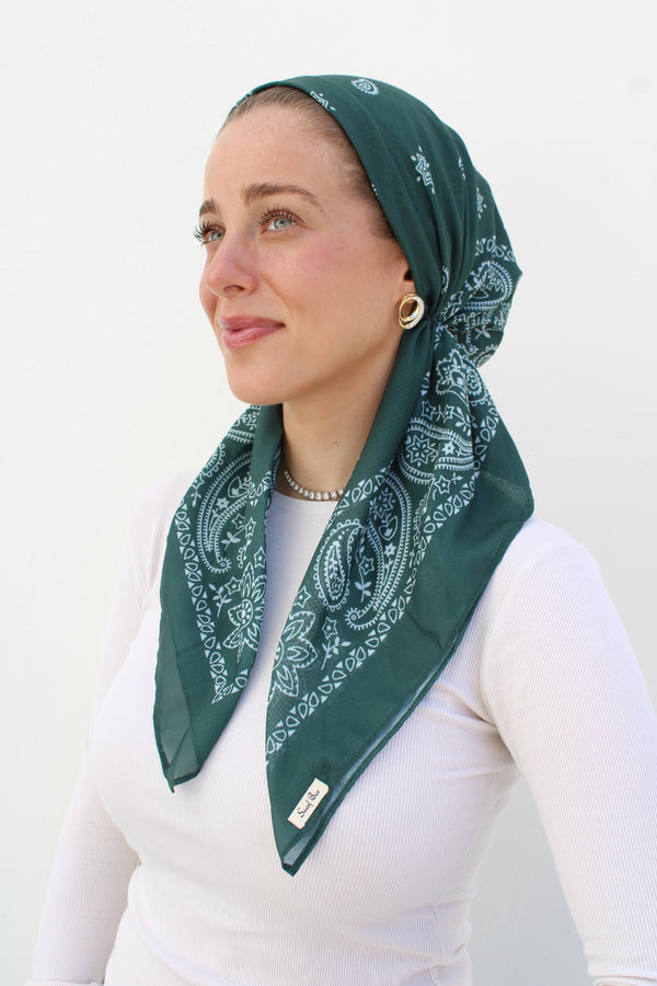 SHORT CLASSIC PRETIED Paisley Forest Green Head Scarf (WITH VELVET GRIP)
