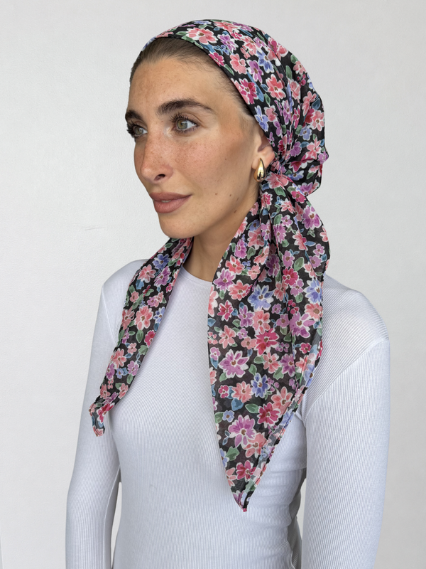 SHORT CLASSIC PRETIED Ditsy Noir Head Scarf (WITH VELVET GRIP)