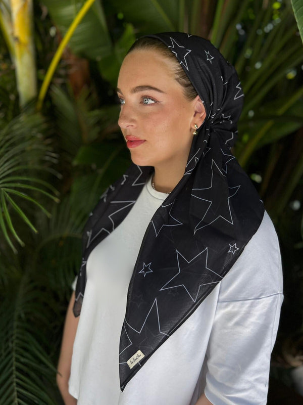 CLASSIC PRETIED White on Black Stars Head Scarf (WITH VELVET GRIP)