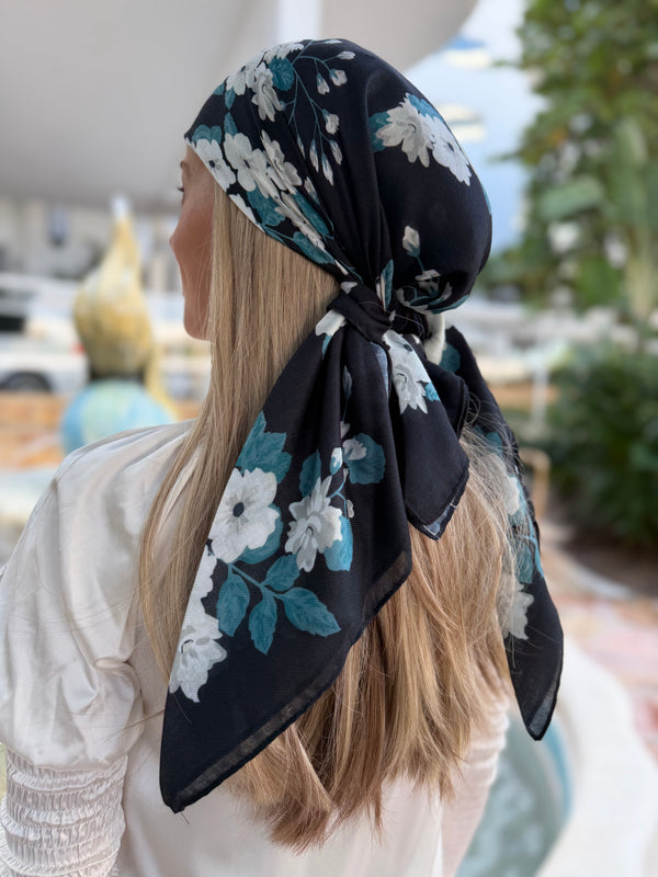 Black Cream Floral Collection Square Head Scarf