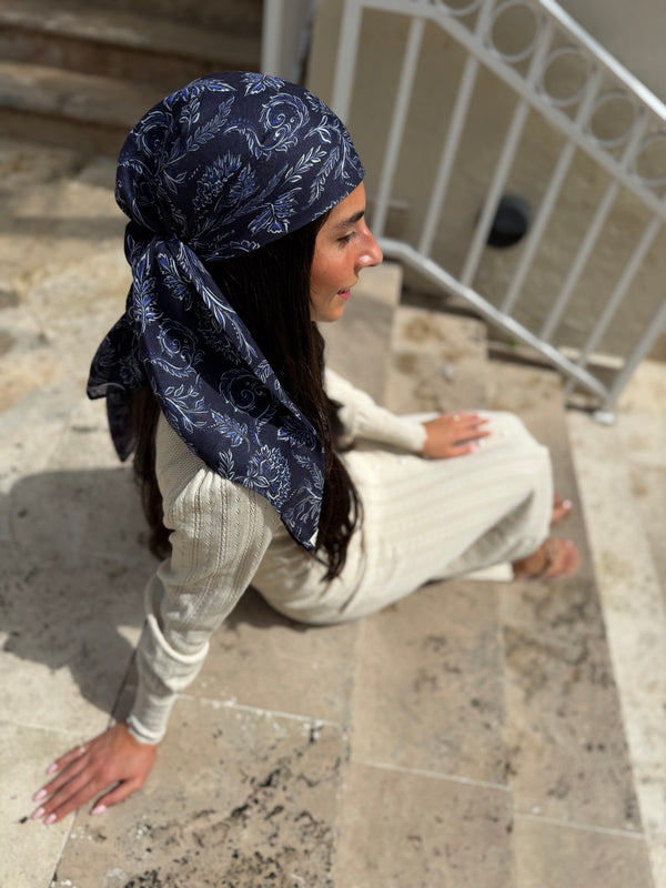 Navy Motif Square Head Scarf