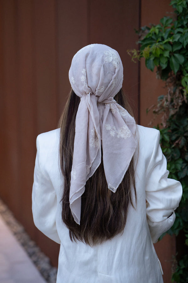 Cream Floral Embroidery Square Head Scarf