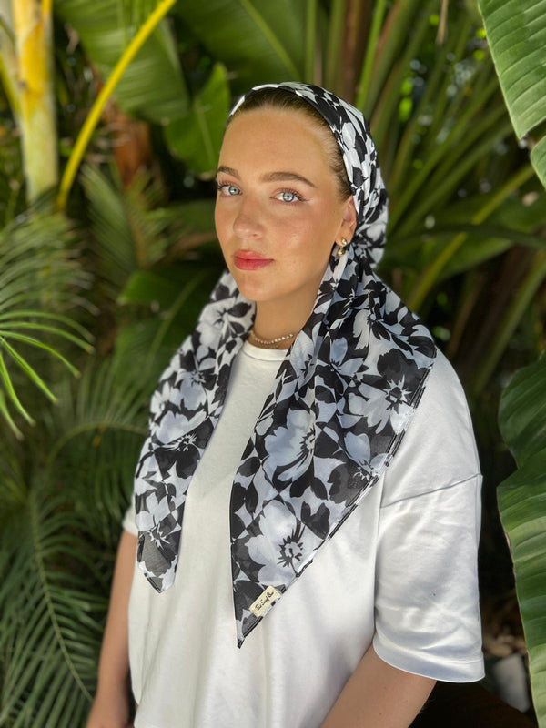CLASSIC PRETIED Black and White Checkered Floral Head Scarf (WITH VELVET GRIP)