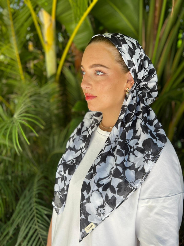 CLASSIC PRETIED Black and White Checkered Floral Head Scarf (WITH VELVET GRIP)