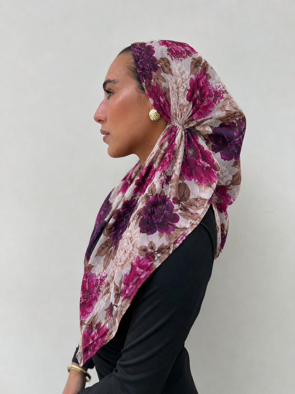 VERSATILE PRETIED Deep Berry Floral Head Scarf