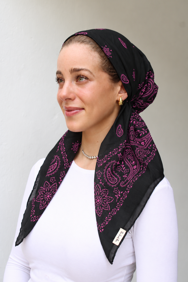 SHORT PRETIED Paisley Hot Pink on Black Head Scarf