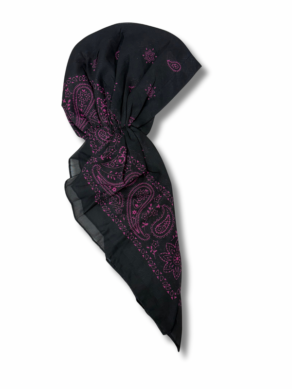 SHORT PRETIED Paisley Hot Pink on Black Head Scarf